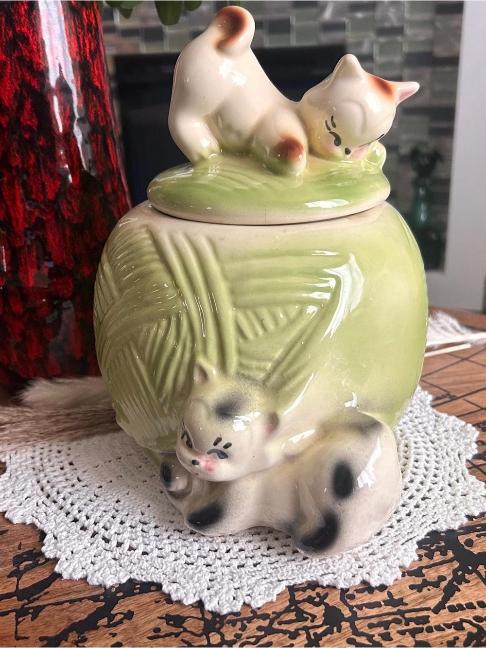 Vintage American Bisque Kittens Yarn Ball Cookie Jar | Mid Century Ceramic Cat